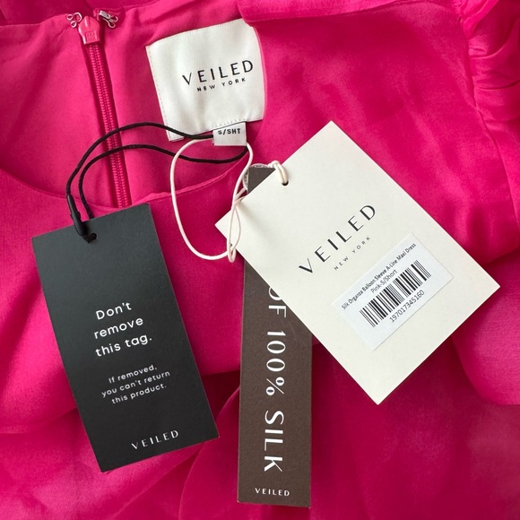 VEILED NWT Silk Organza Balloon Sleeve A-Line Maxi Dress Sz Small Short Hot Pink - Picture 7 of 9